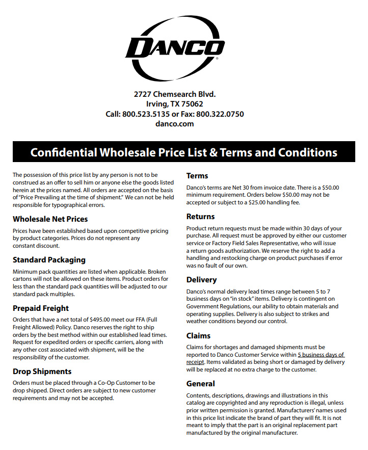 Confidential Wholesale Price List & Terms and Conditions